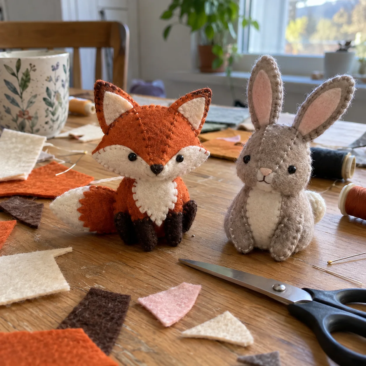 Handmade felt fox and bunny on a craft table