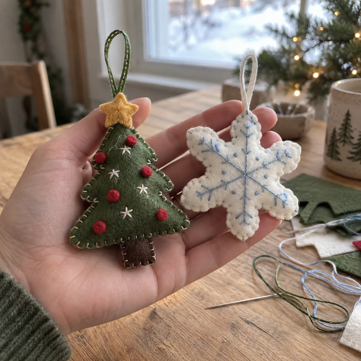 Handmade felt Christmas tree and snowflake ornaments