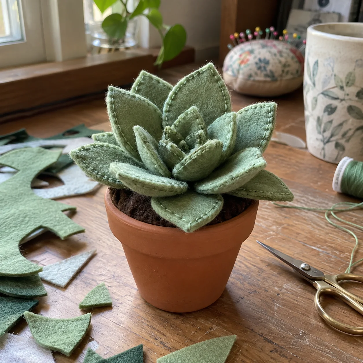Handmade potted felt succulent on a craft desk