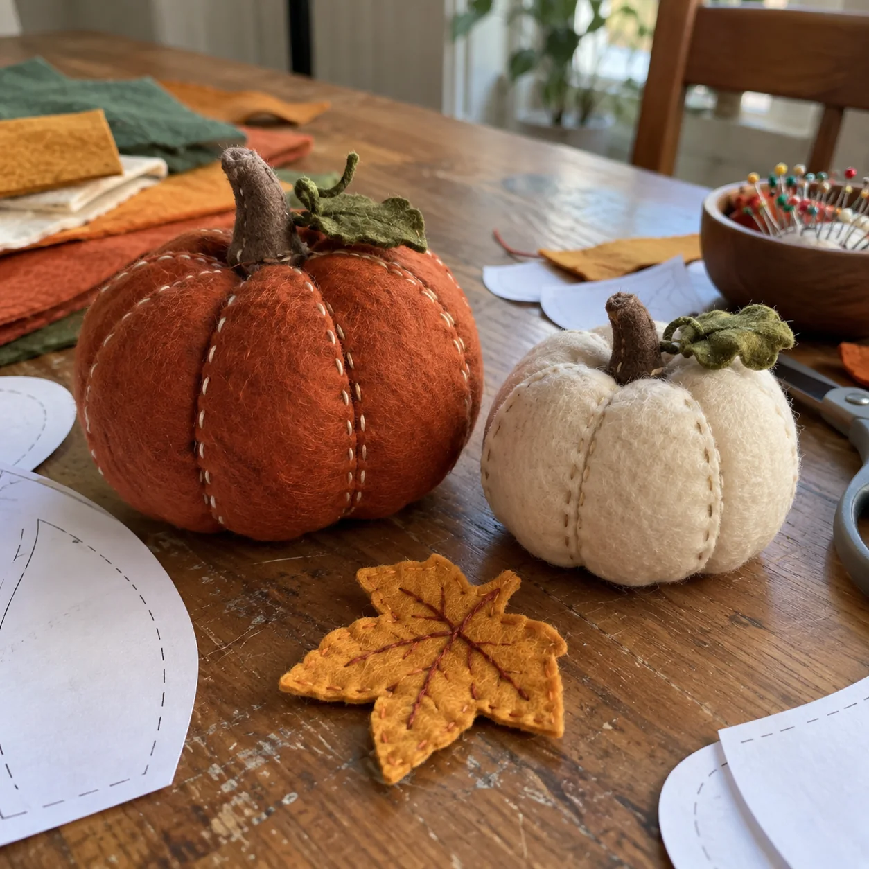 Handmade felt pumpkins on a sewing table