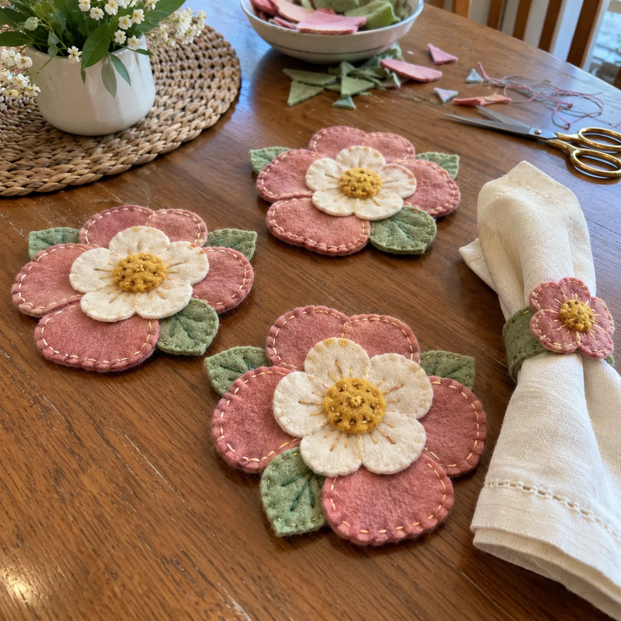 Handmade felt flower coasters and napkin ring