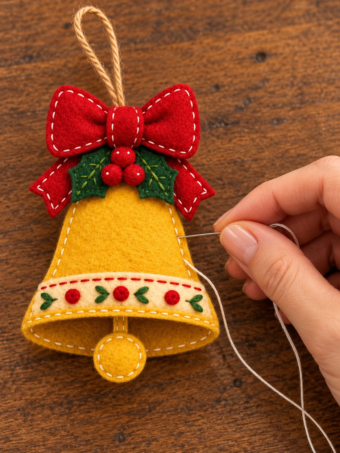One hand stitching the edge of the golden felt bell ornament on warm wood