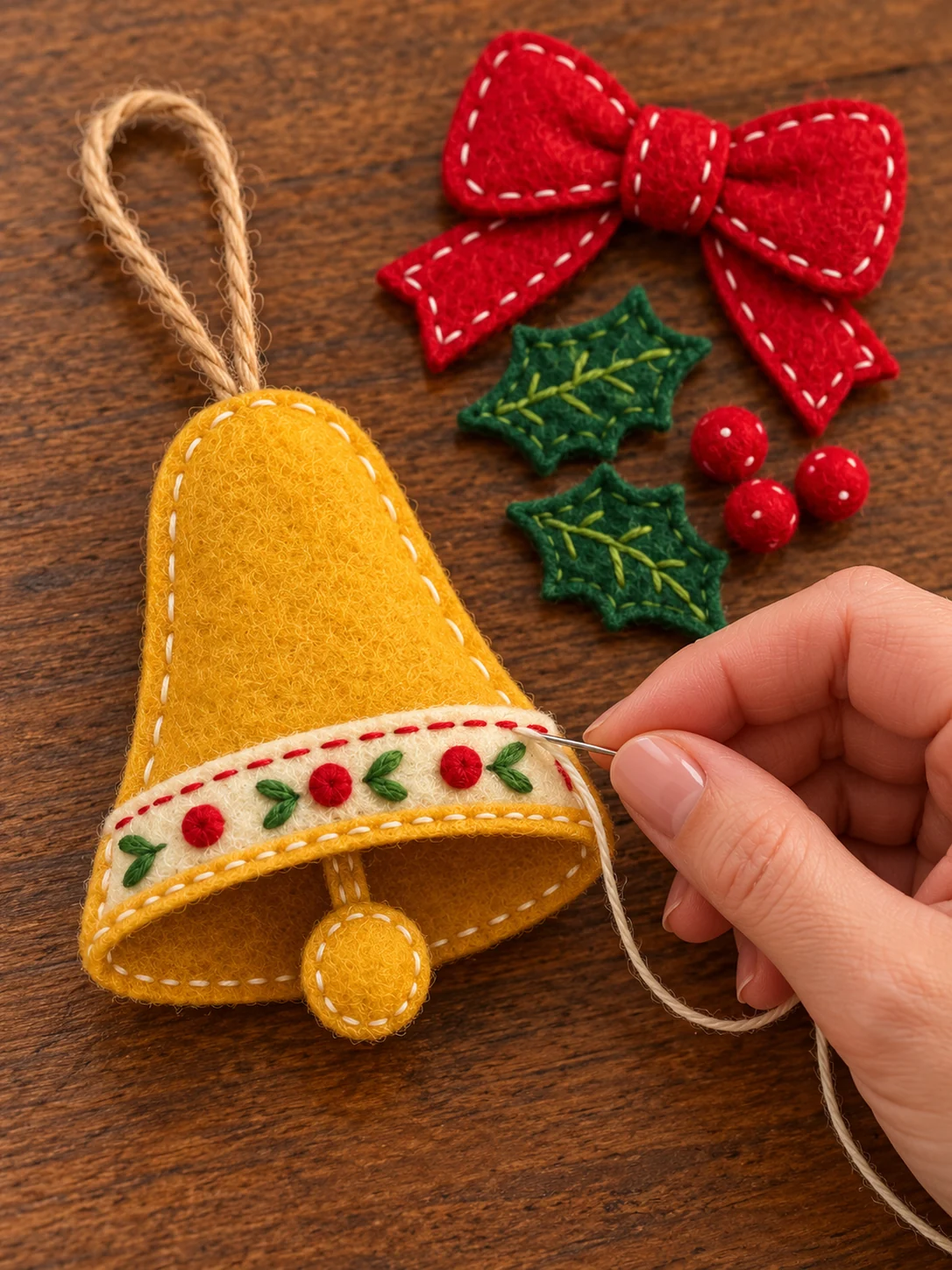 One hand stitching the ivory trim to a golden felt Christmas bell