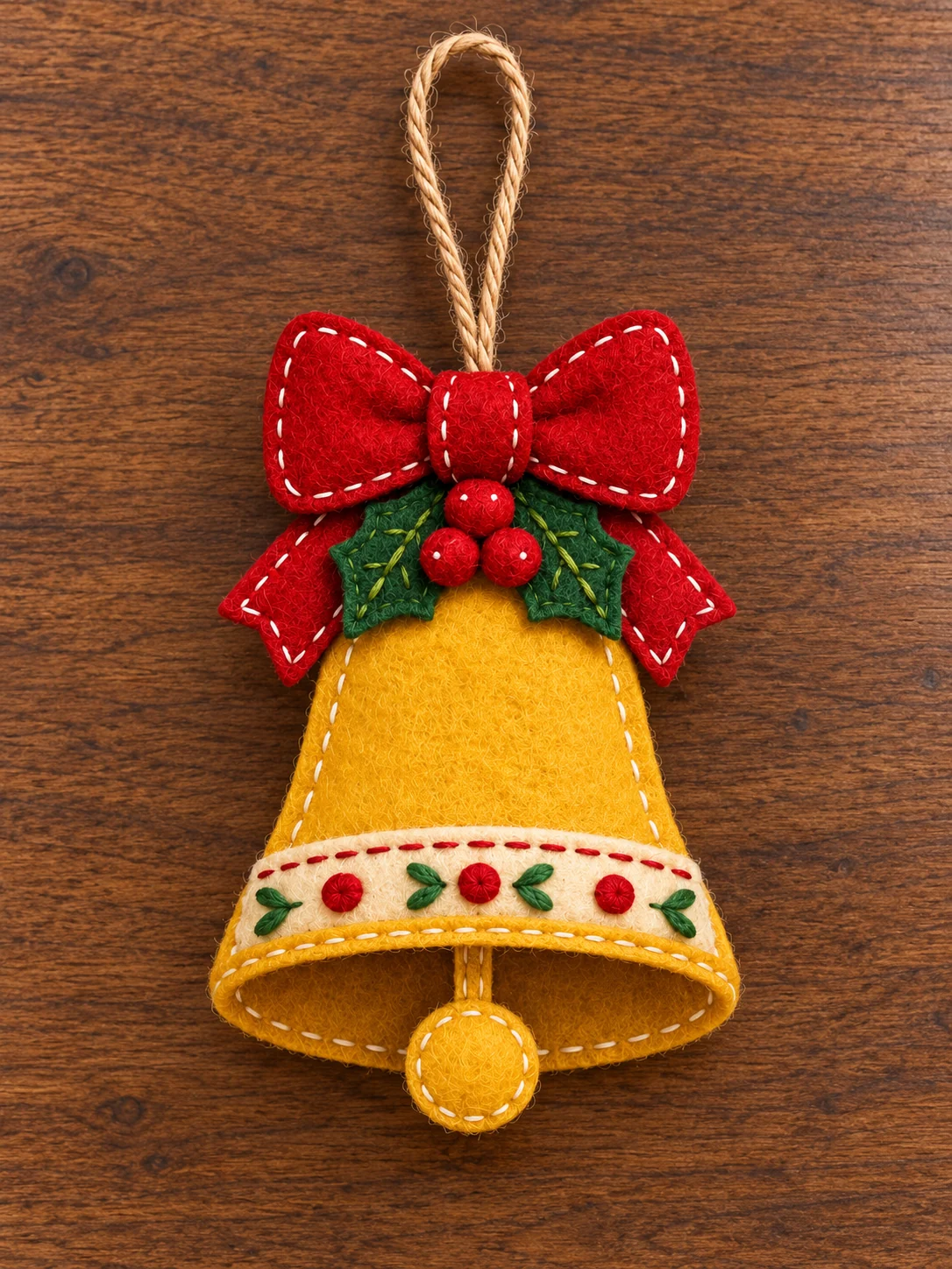 Finished golden felt Christmas bell ornament on warm walnut wood