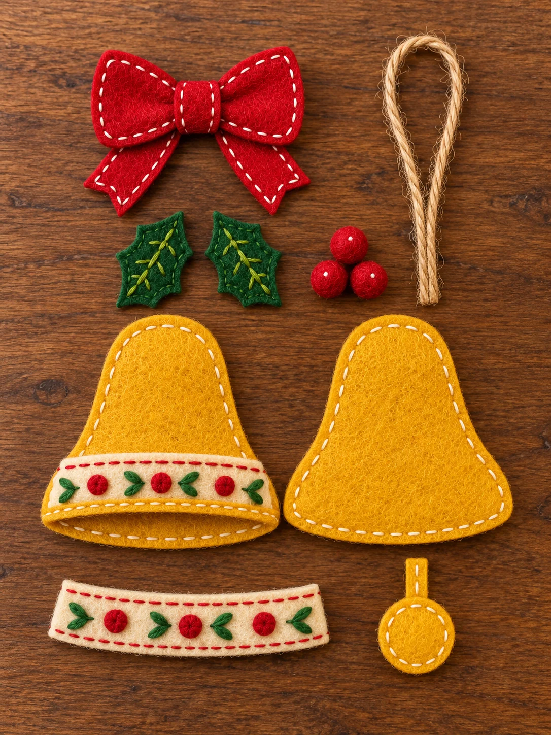 Cut gold bell shapes red bow green holly leaves ivory bands and clapper on warm wood