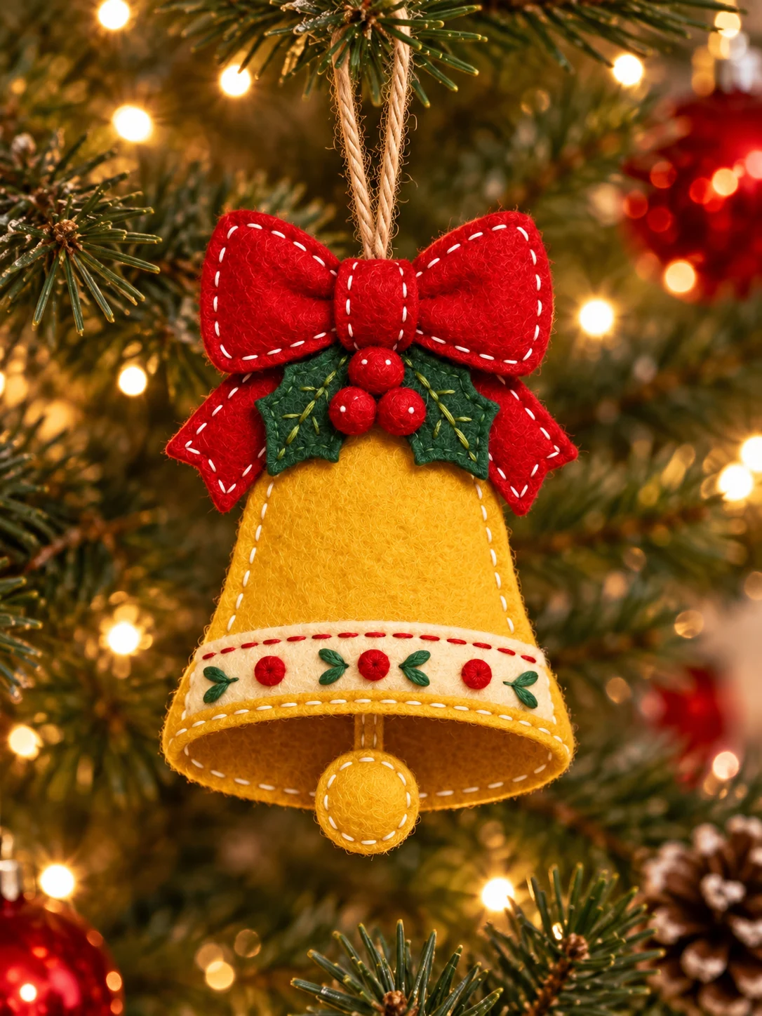 Golden felt Christmas bell with red bow and holly hanging on a Christmas tree