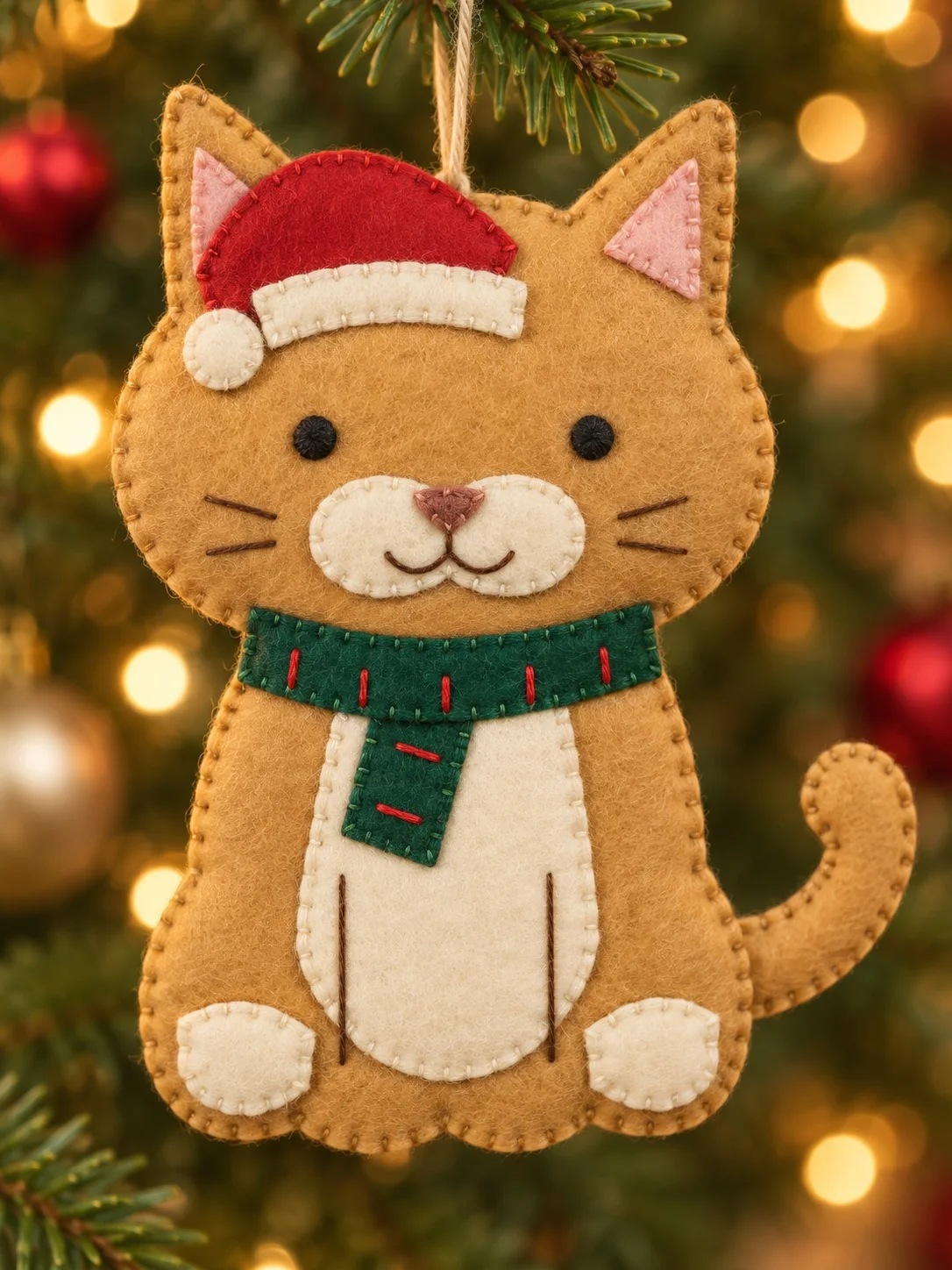Hand-sewn Christmas cat felt ornament with Santa hat and green scarf