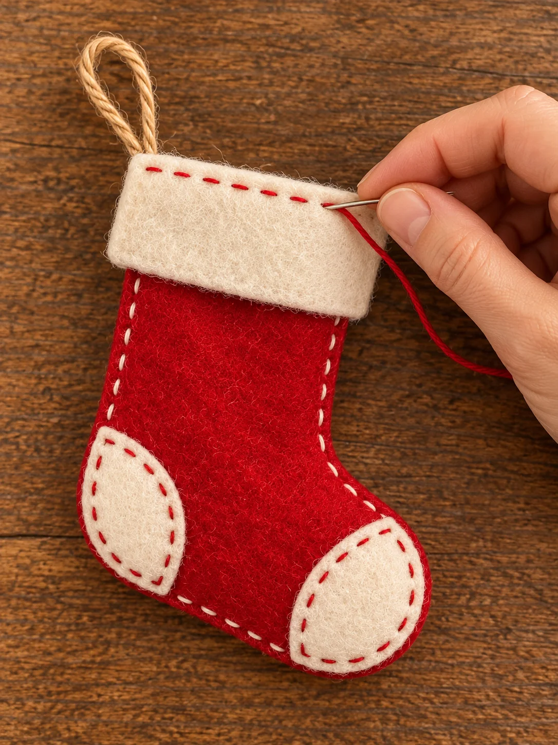 One hand sewing an ivory cuff with red stitches onto red felt stocking on dark walnut table