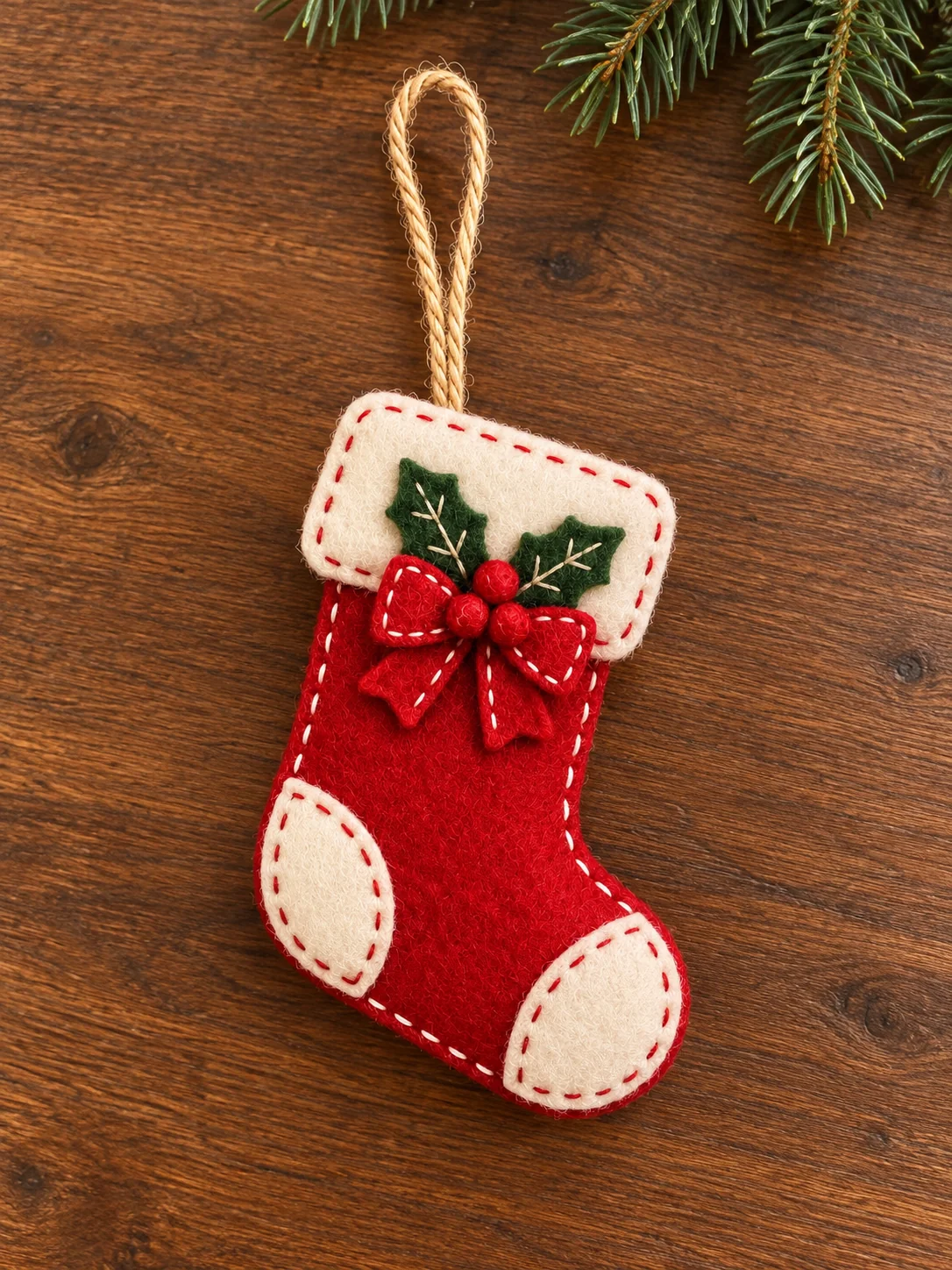 Finished red felt Christmas stocking ornament with ivory cuff heel and toe on warm wood