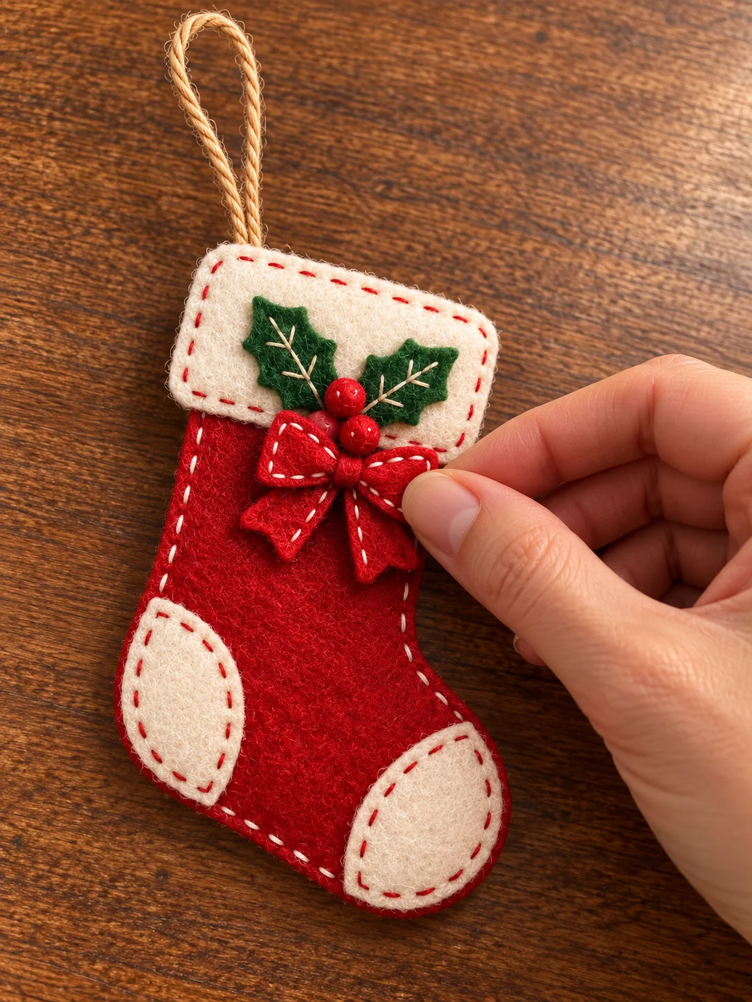 One hand placing red felt bow beside holly leaves and berries on ivory stocking cuff