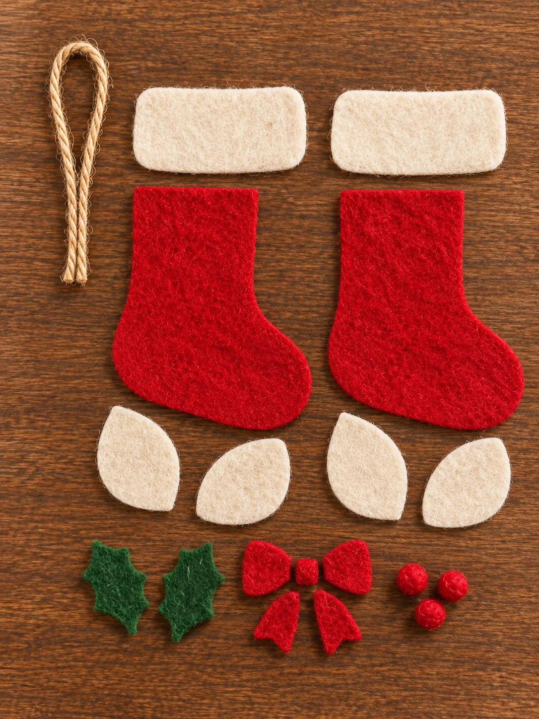 Cut red stocking shapes ivory cuffs toe and heel patches green holly and red bow pieces on dark wood