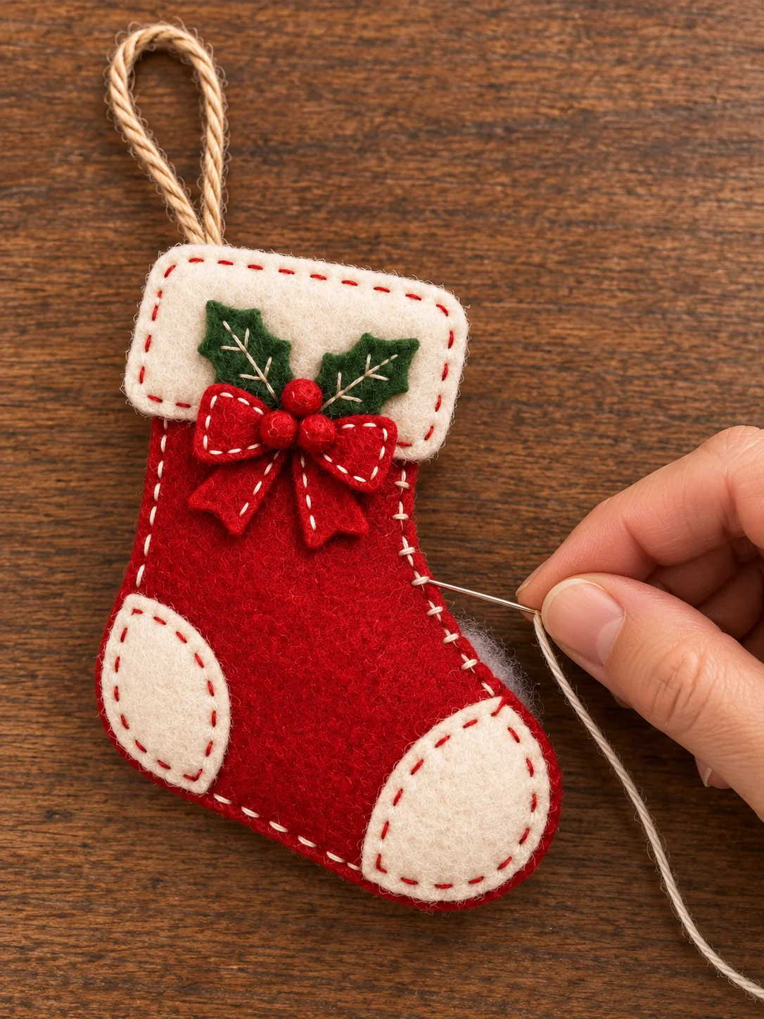 One hand blanket stitching the outer edge of a red felt Christmas stocking ornament