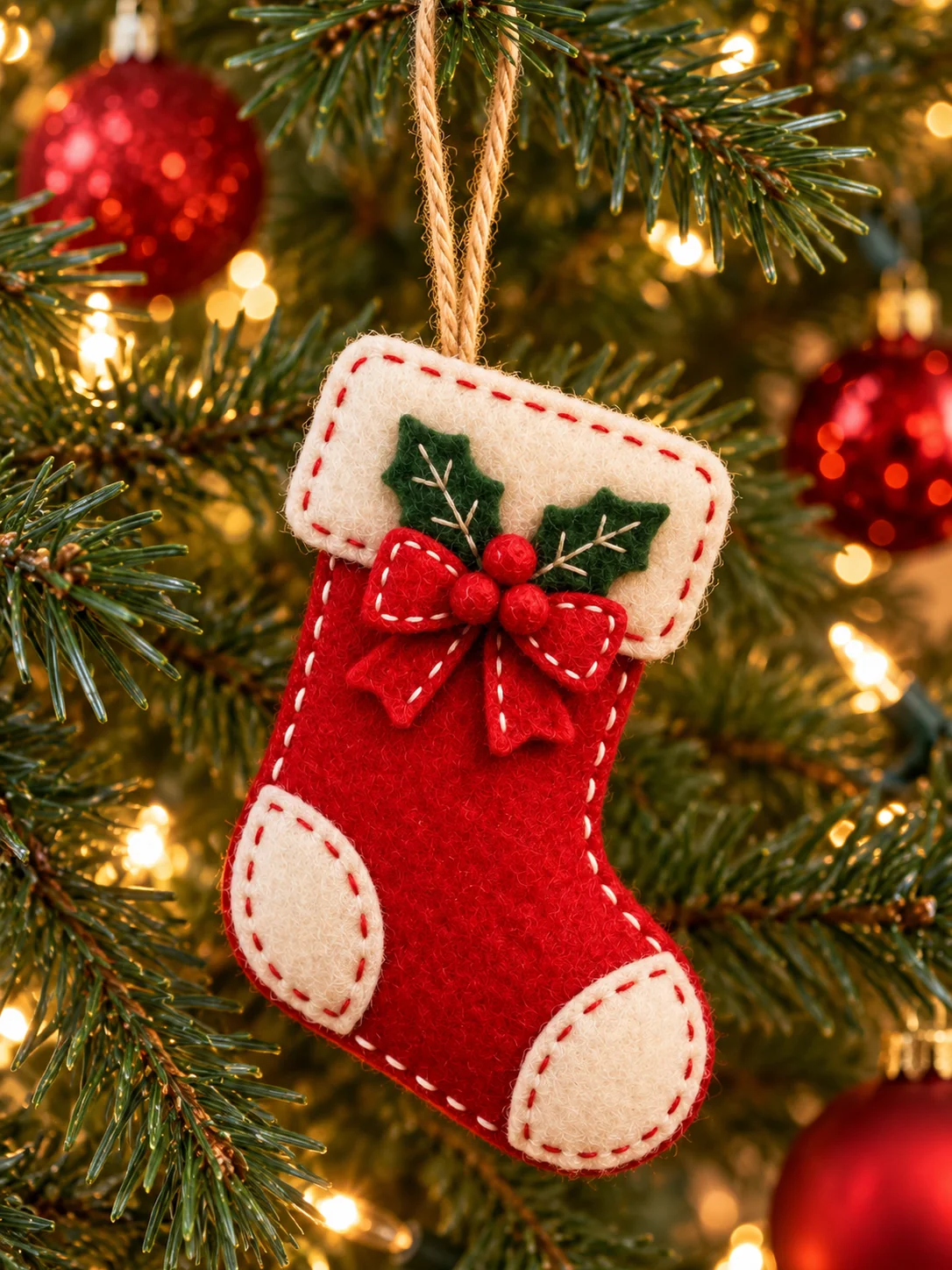 Red felt Christmas stocking with holly and bow hanging on a Christmas tree