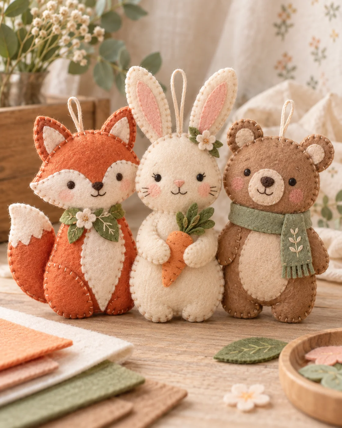 Handmade felt fox, bunny, and bear ornaments