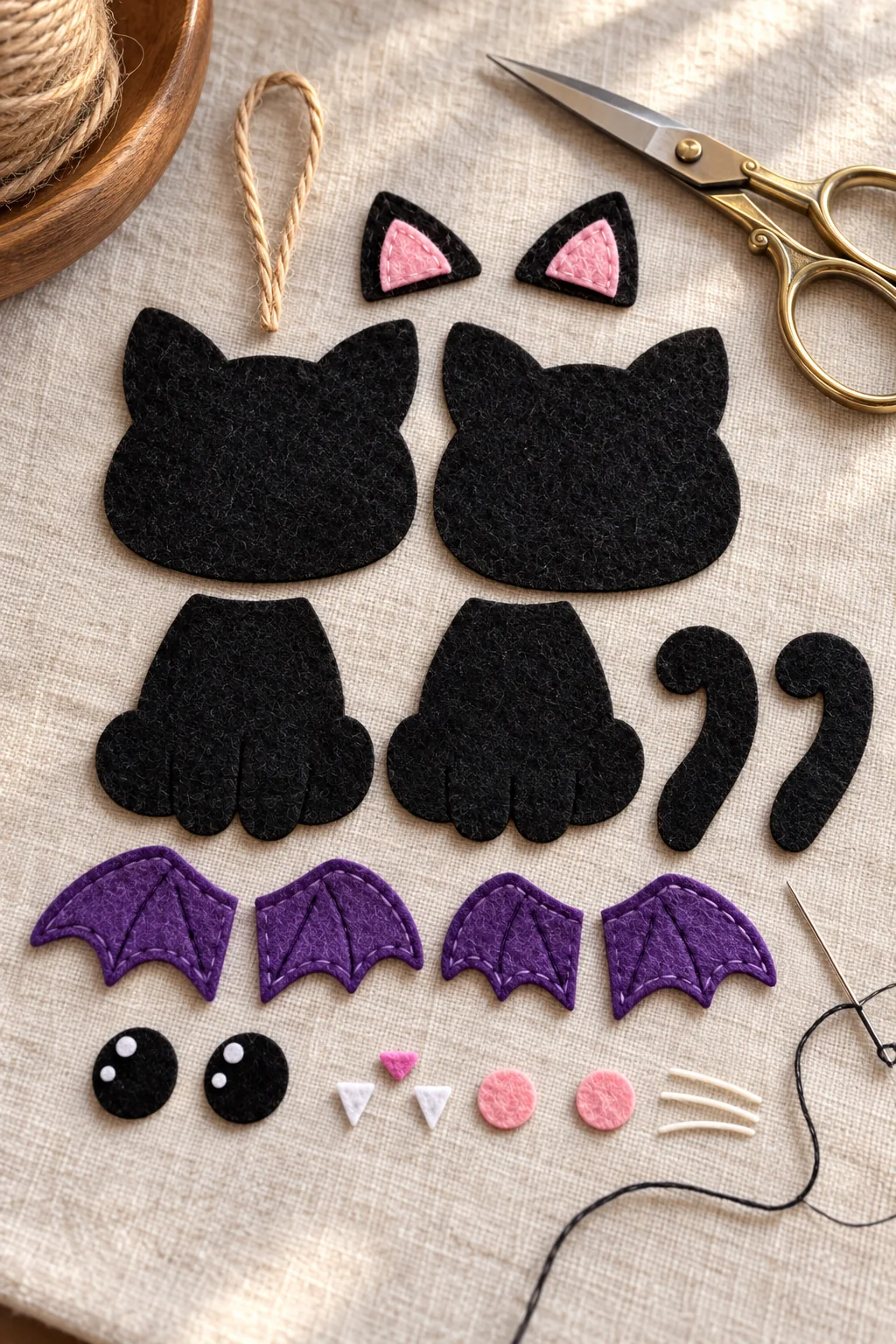 Cut felt pieces for the bat cat ornament laid out before sewing