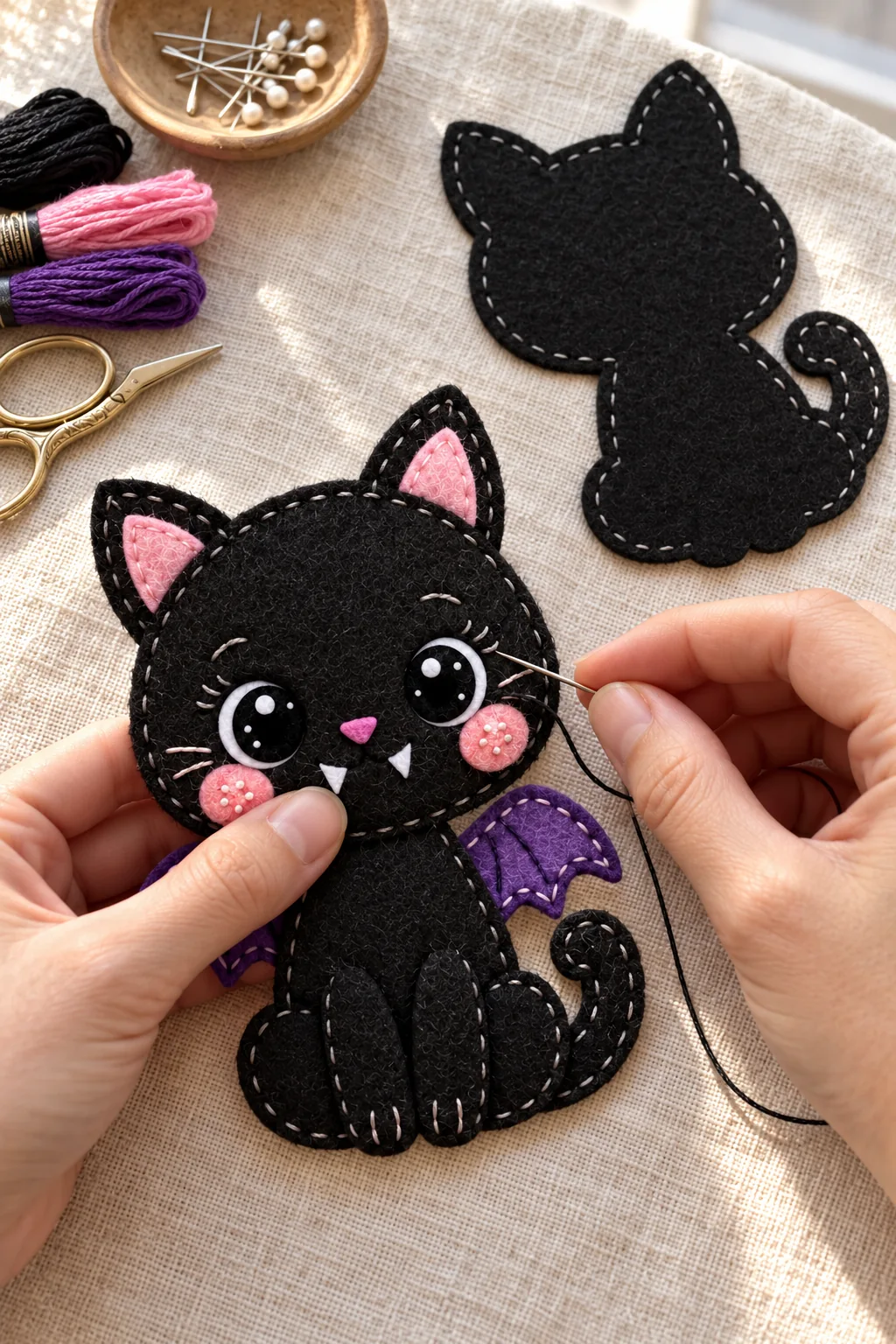 Hand stitching the front decorations of the felt bat cat ornament