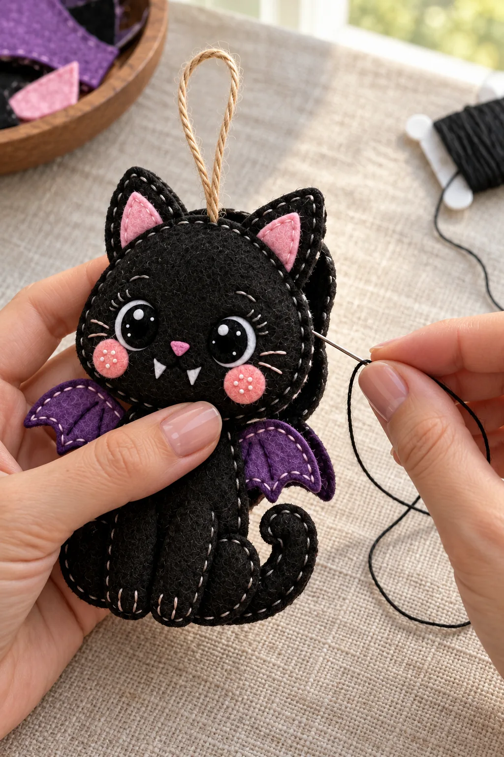 Joining layers and securing the loop of the felt bat cat ornament