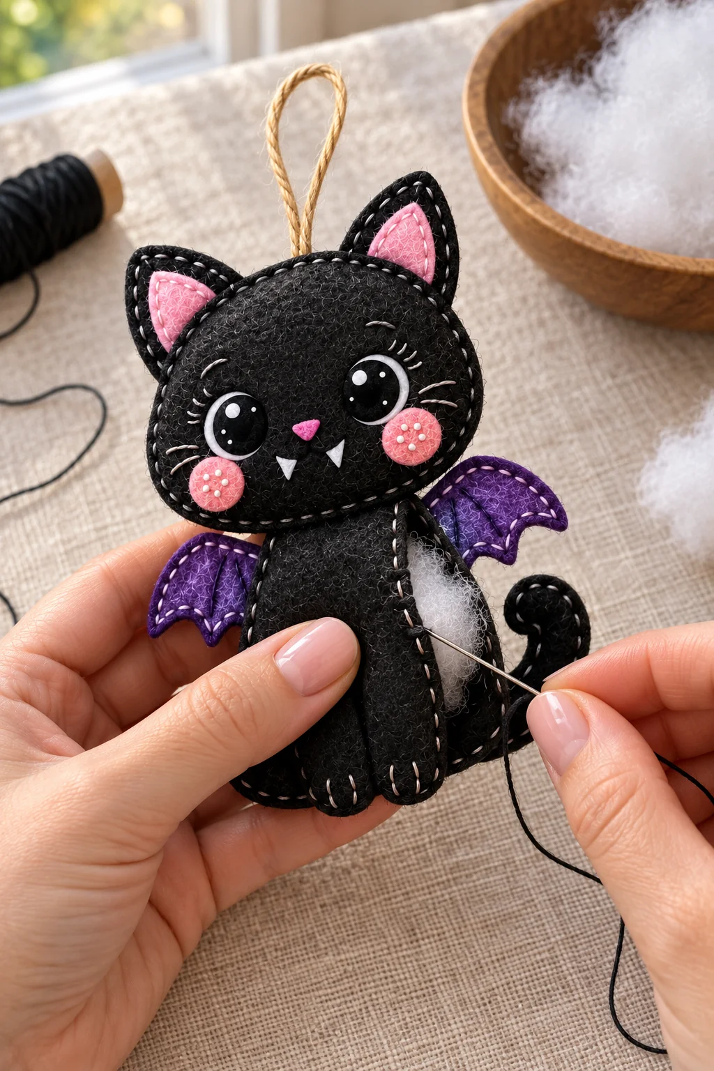 Finishing the seam of the handmade felt bat cat ornament