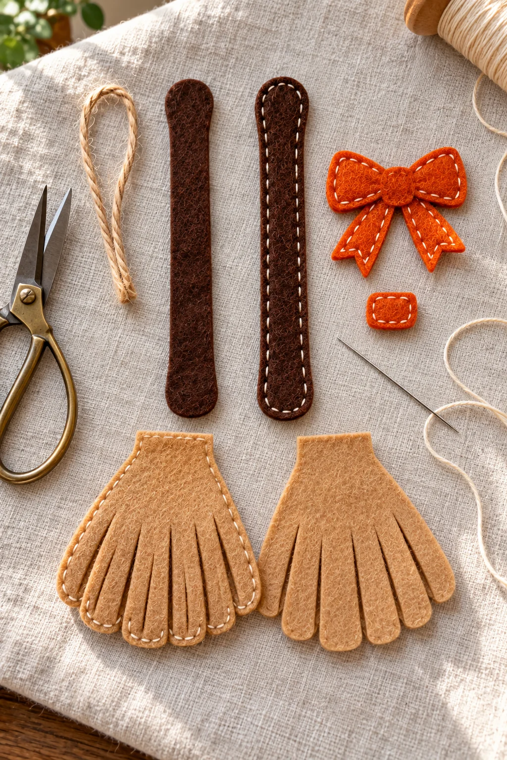 Cut felt pieces for the broom ornament laid out before sewing