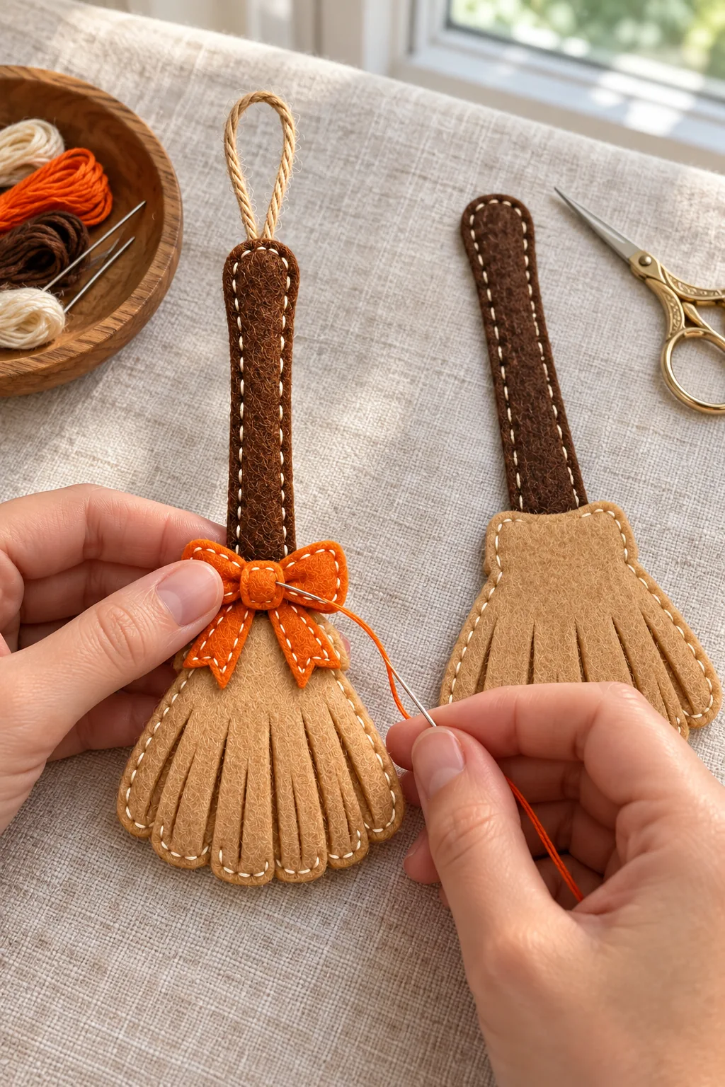 Hand stitching the front decorations of the felt broom ornament