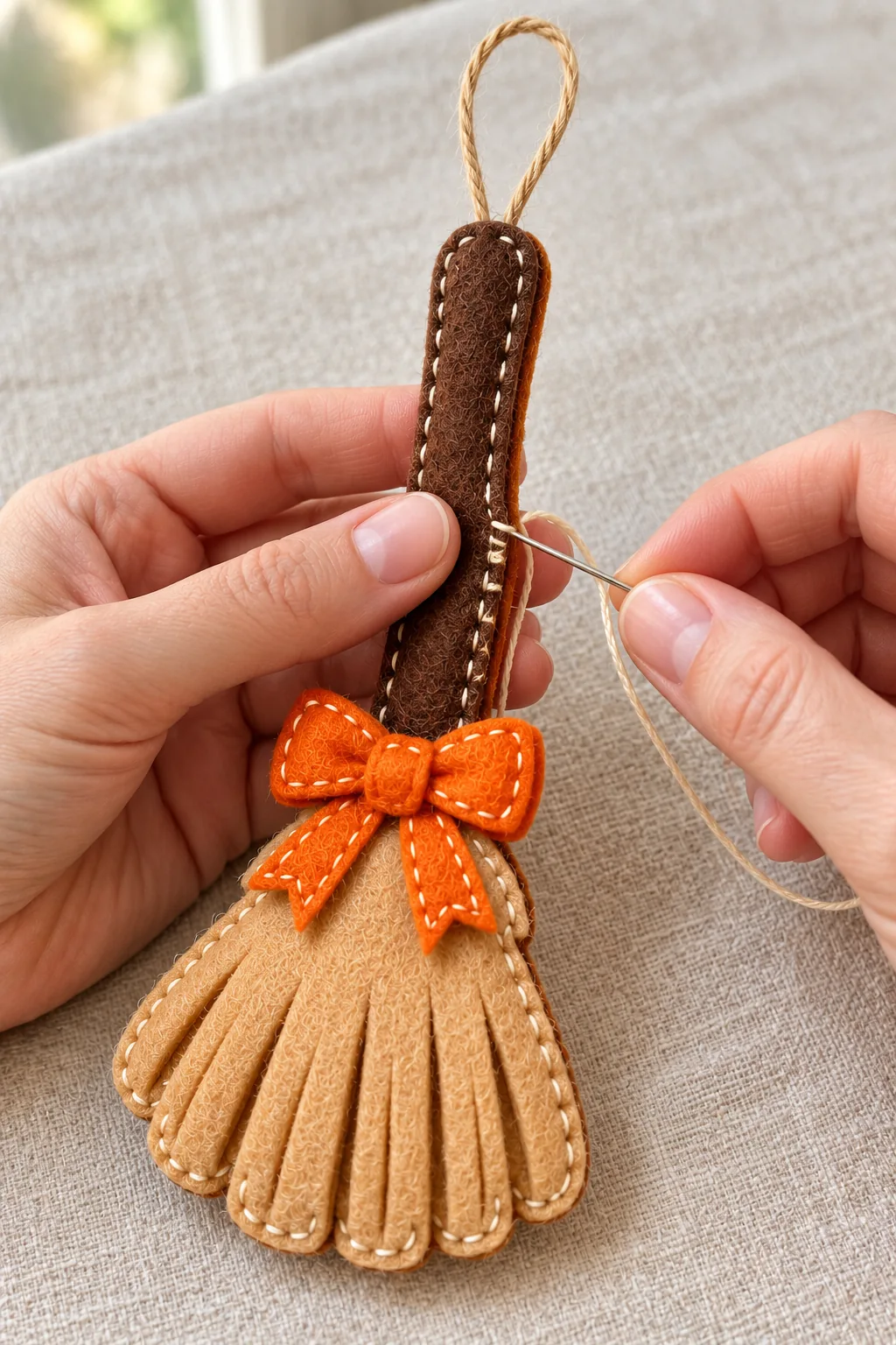 Joining layers and securing the loop of the felt broom ornament