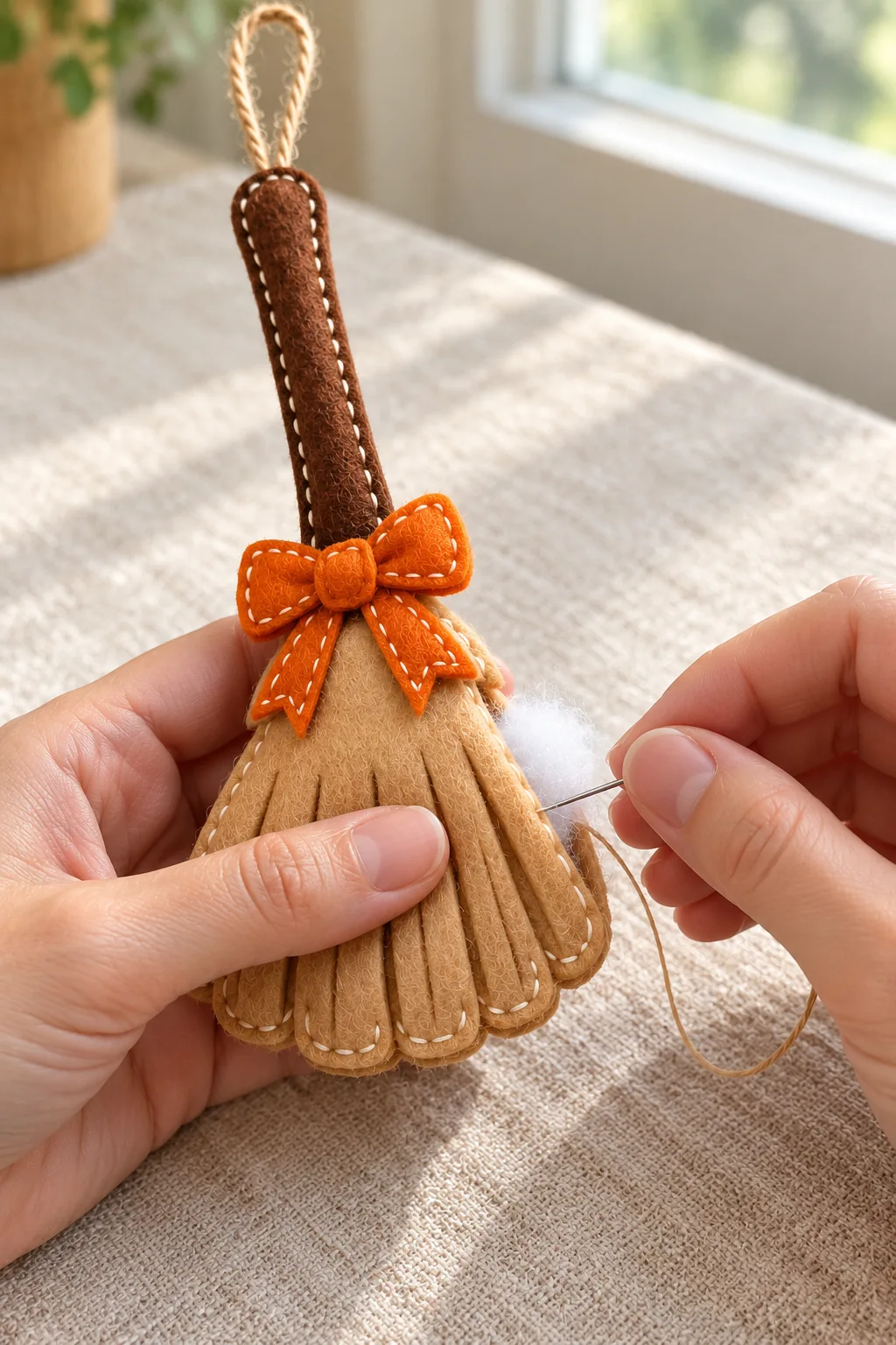 Finishing the seam of the handmade felt broom ornament
