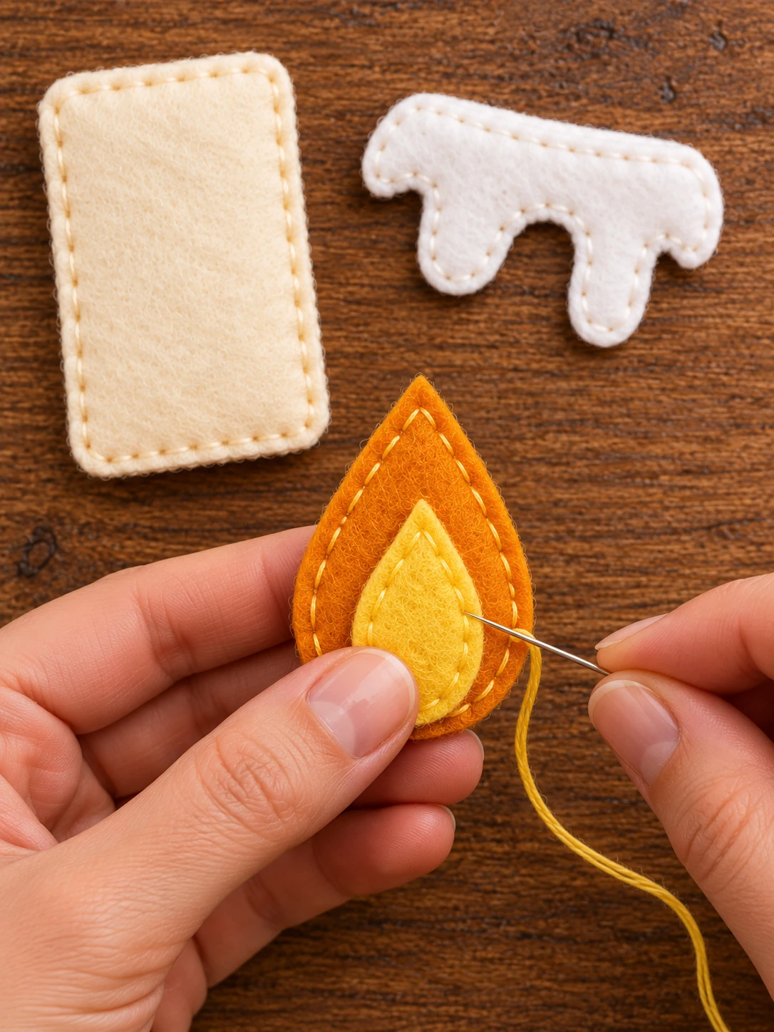 Hands stitching the yellow felt flame to the orange flame layer