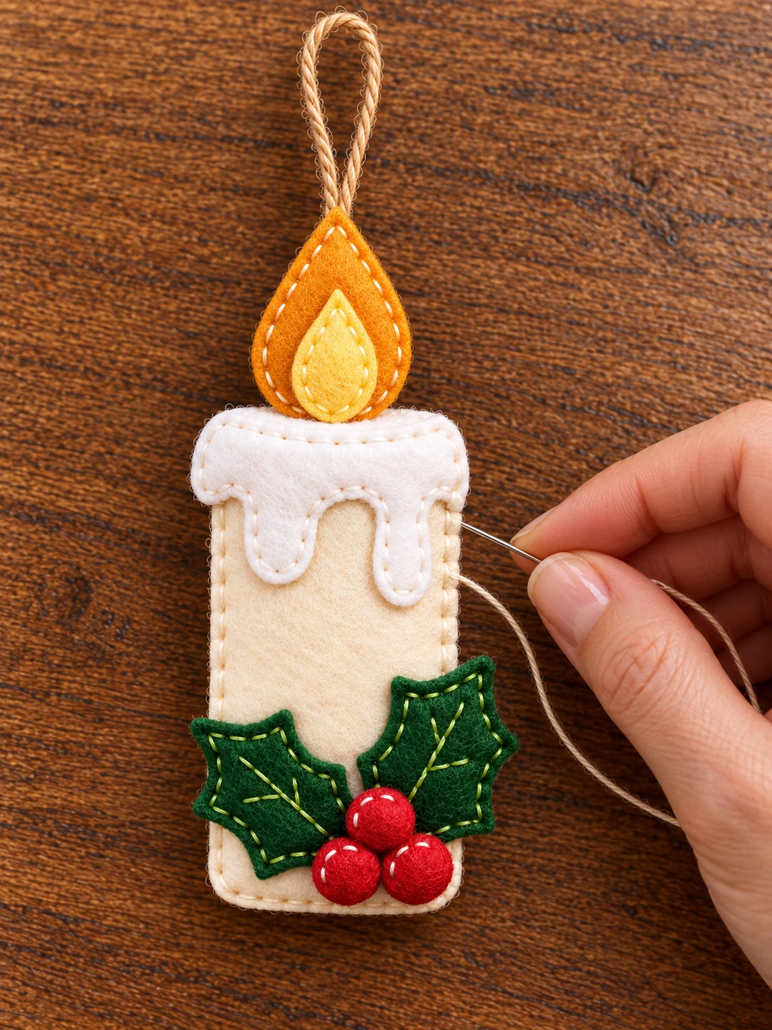 Hand stitching the outer edge of the felt Christmas candle ornament
