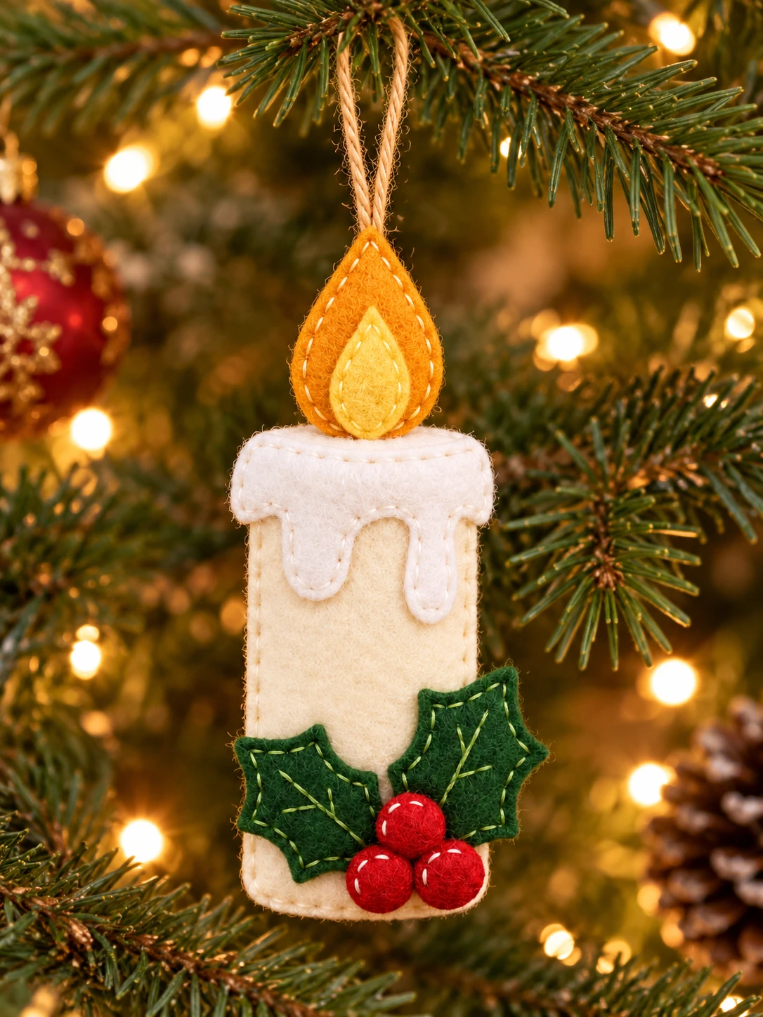 Hand-stitched felt Christmas candle with holly hanging on a Christmas tree