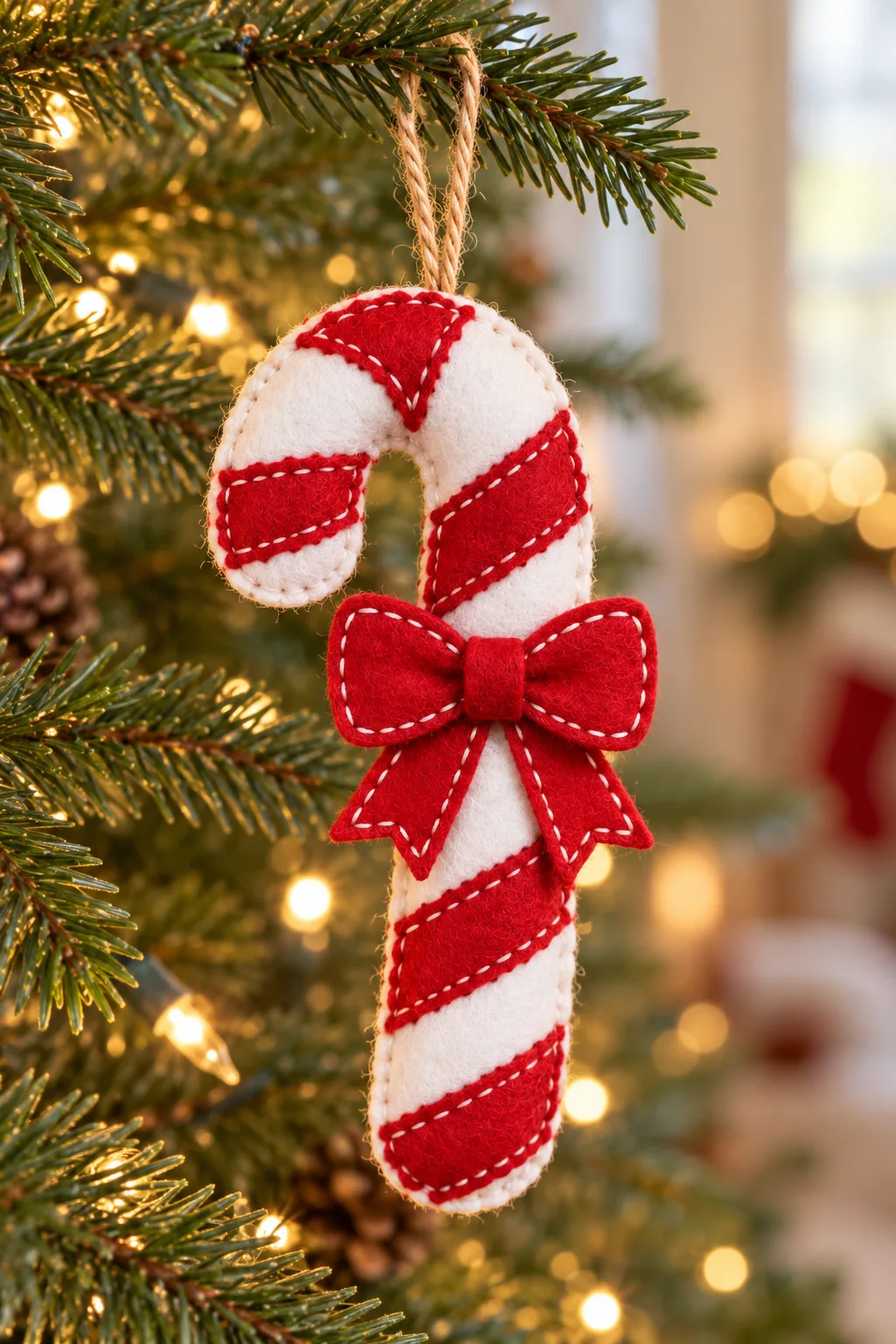 Finished handmade candy cane felt ornament hanging in a seasonal setting