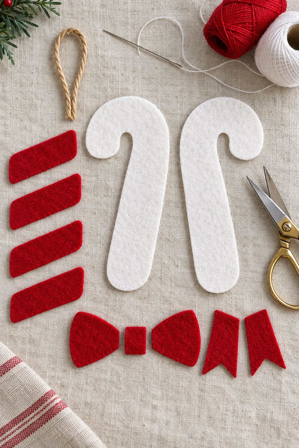 Cut felt pieces for the candy cane ornament laid out before sewing