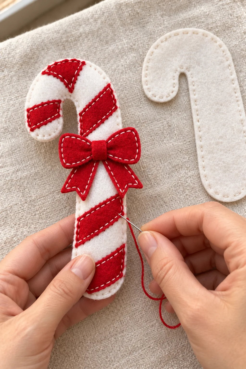 Hand stitching the front decorations of the felt candy cane ornament