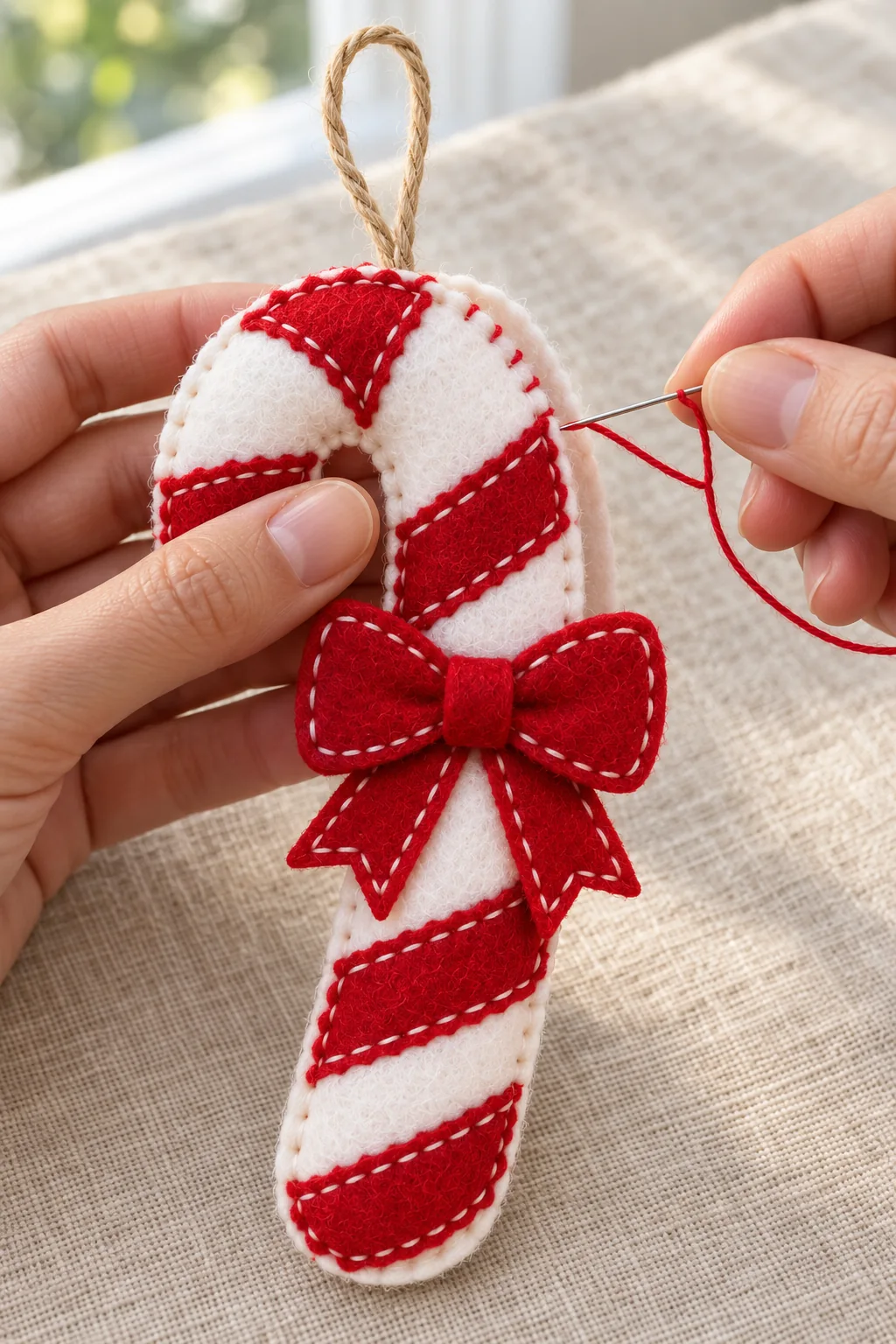 Joining layers and securing the loop of the felt candy cane ornament