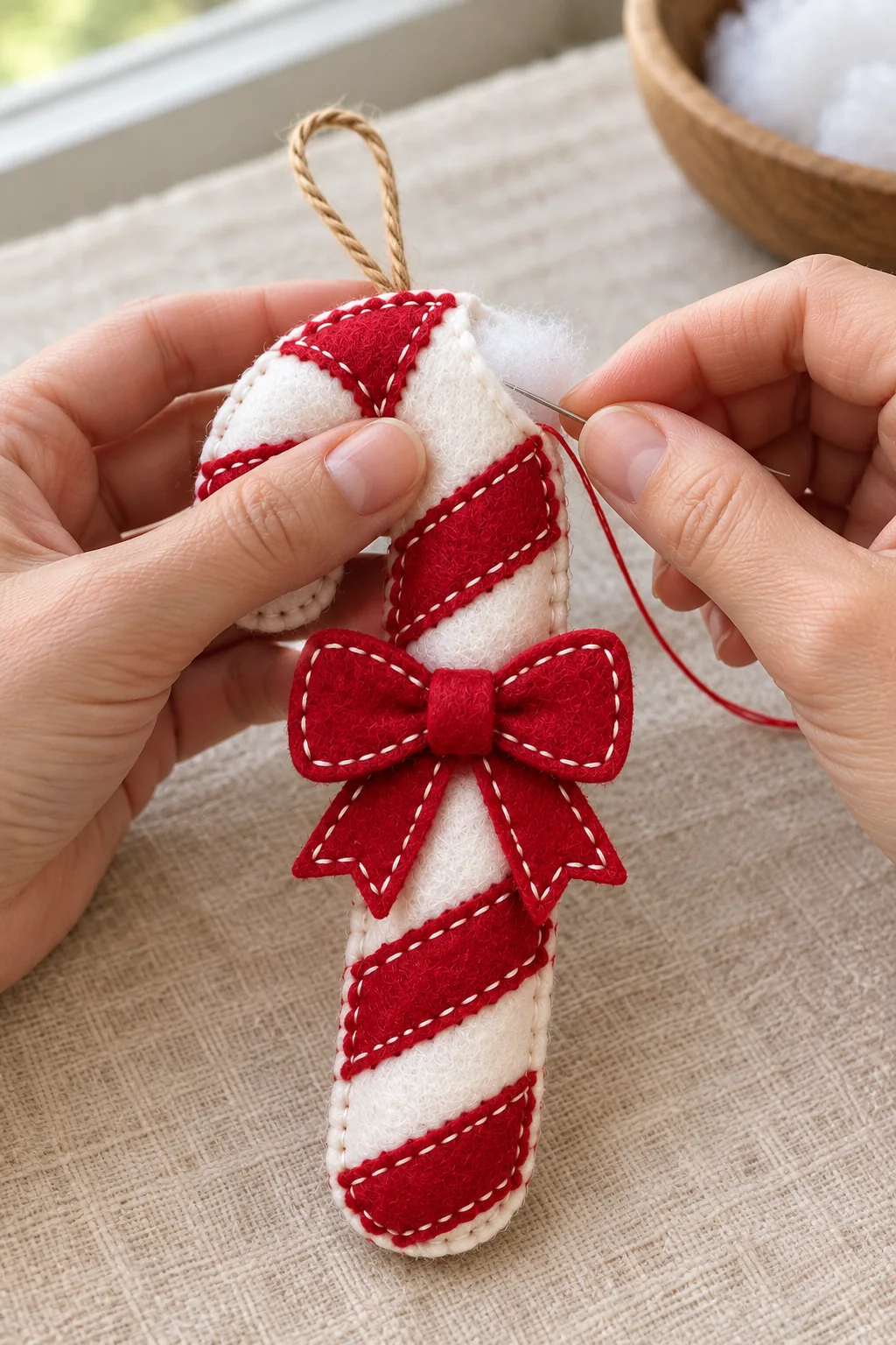 Finishing the seam of the handmade felt candy cane ornament