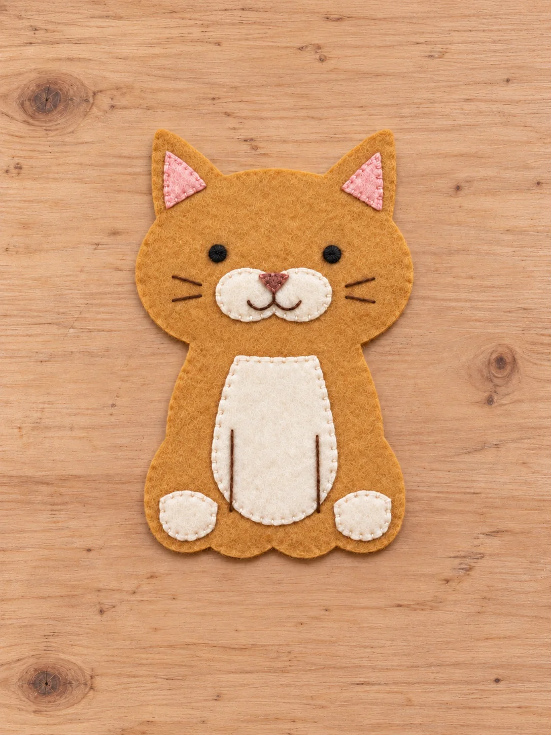 Felt Christmas cat face with embroidered black eyes brown whiskers and smile