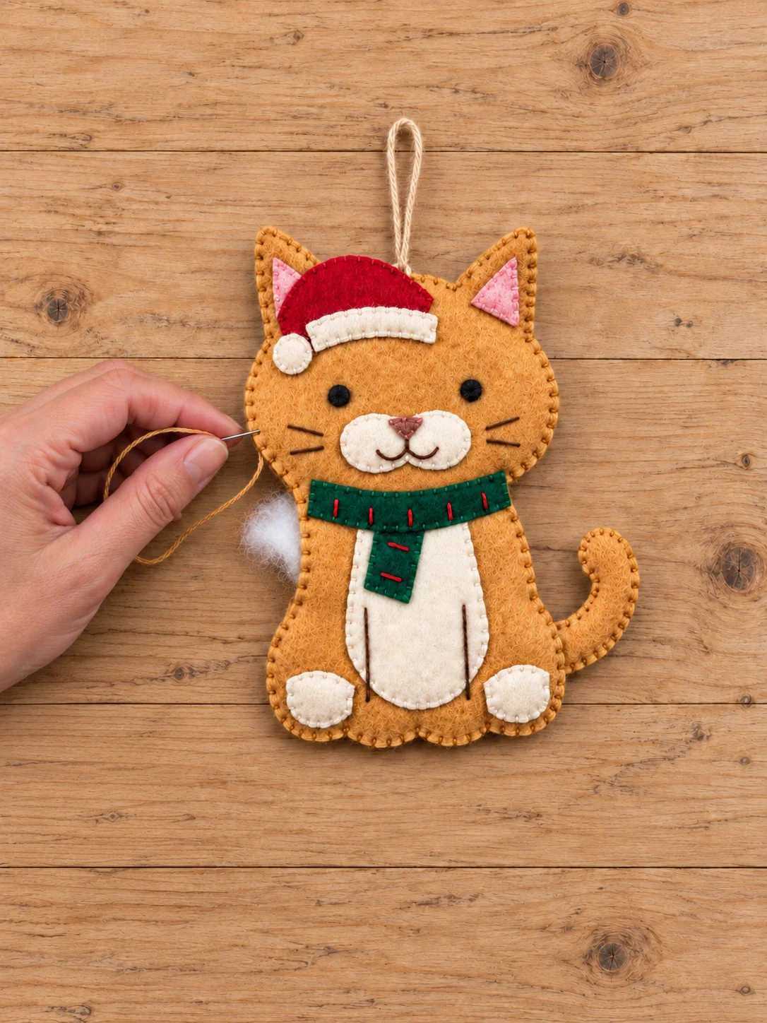 One hand sewing the felt Christmas cat beside a small wisp of stuffing