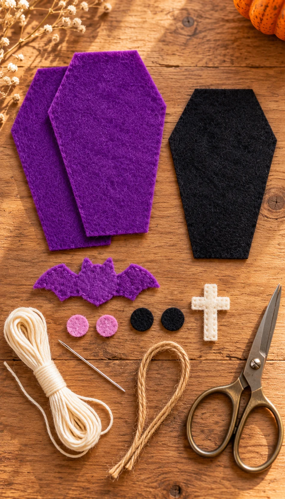 Cut purple coffin felt pieces, black front panel, bat, eyes, cheeks and cross on a craft table
