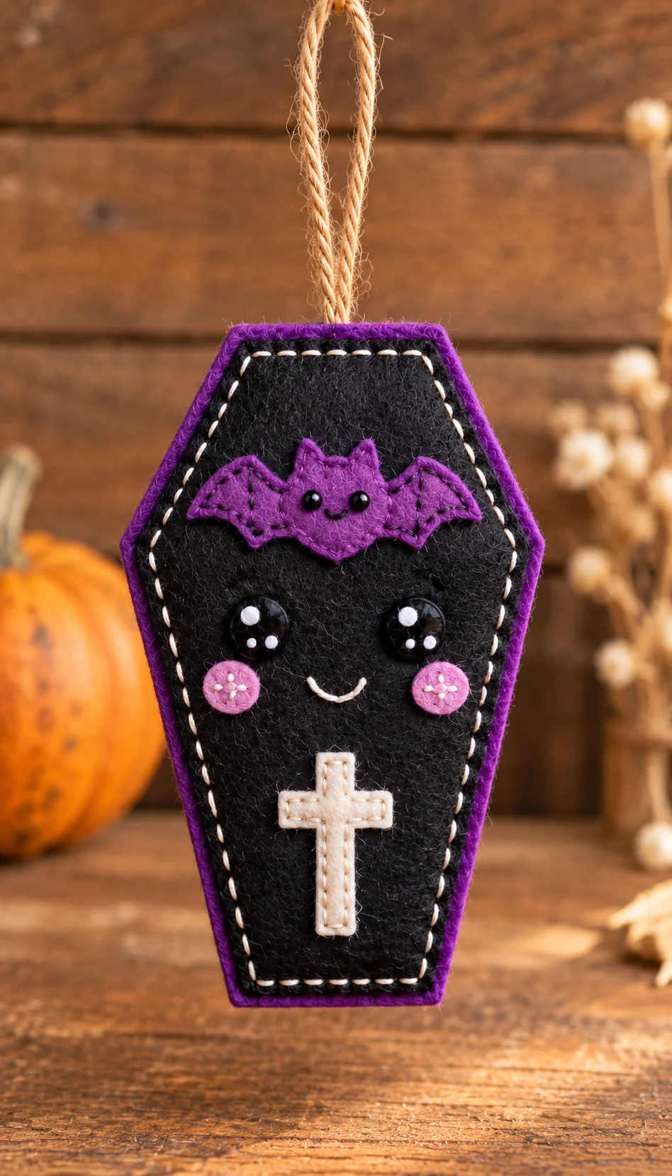 Finished purple and black felt coffin Halloween ornament with a smiling bat and jute loop