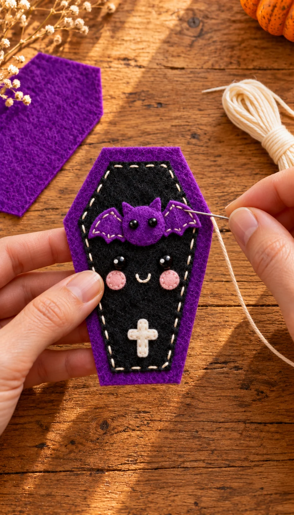 Hands sewing a smiling purple bat onto the decorated black front of a felt coffin