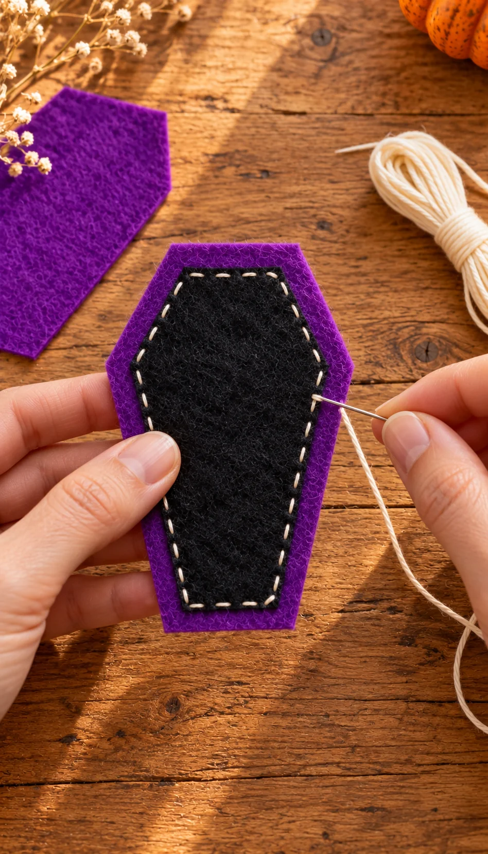 Hands stitching a black felt front panel onto a purple coffin with cream thread