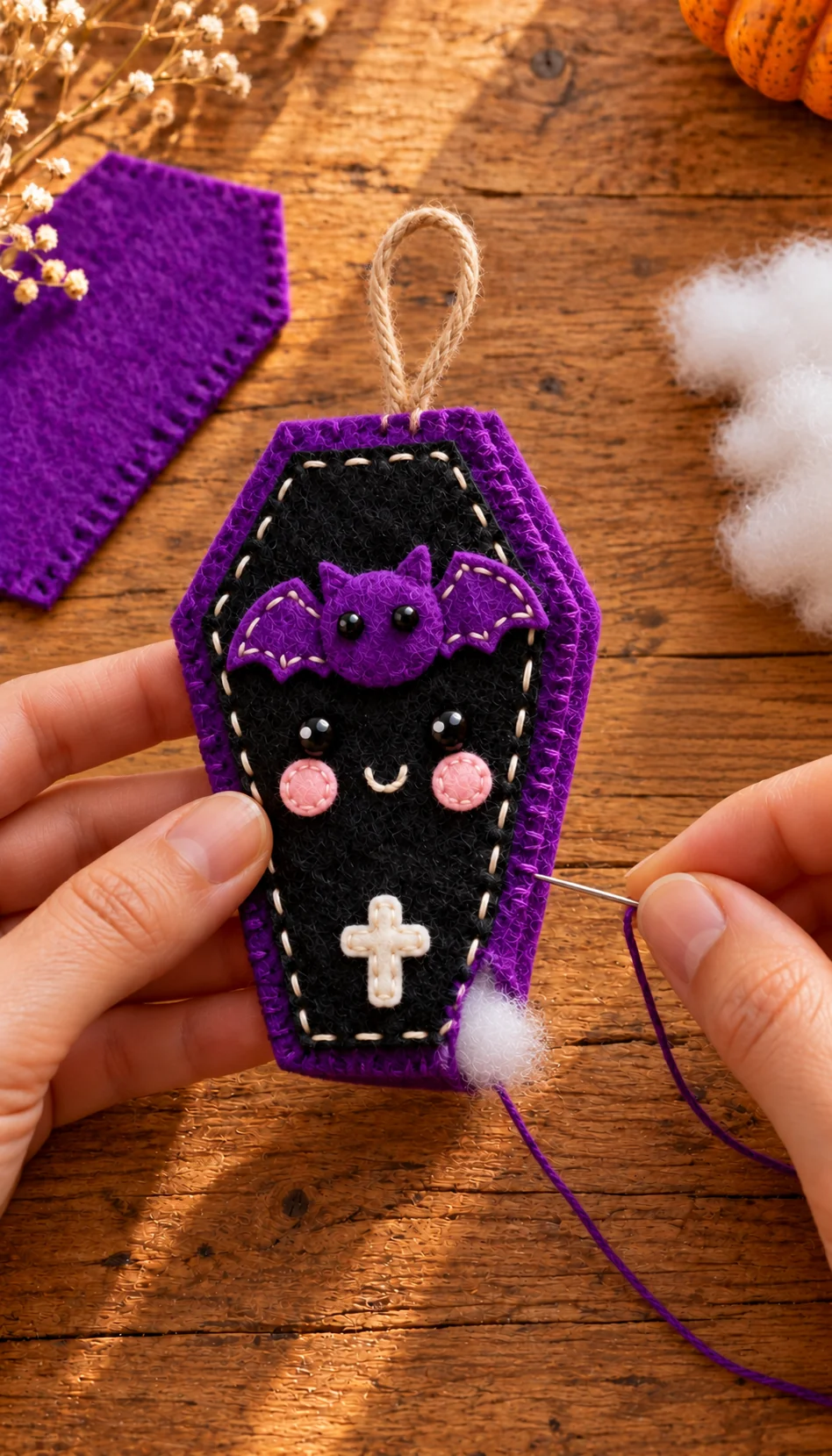 Hands closing the purple felt coffin seam with stuffing and a jute hanging loop