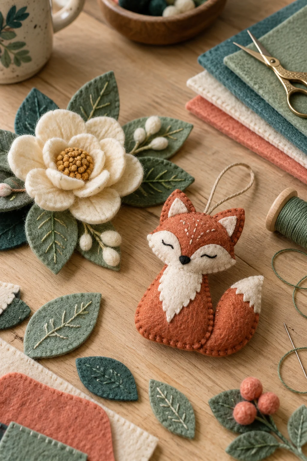Handmade felt flower and fox ornament on a craft table