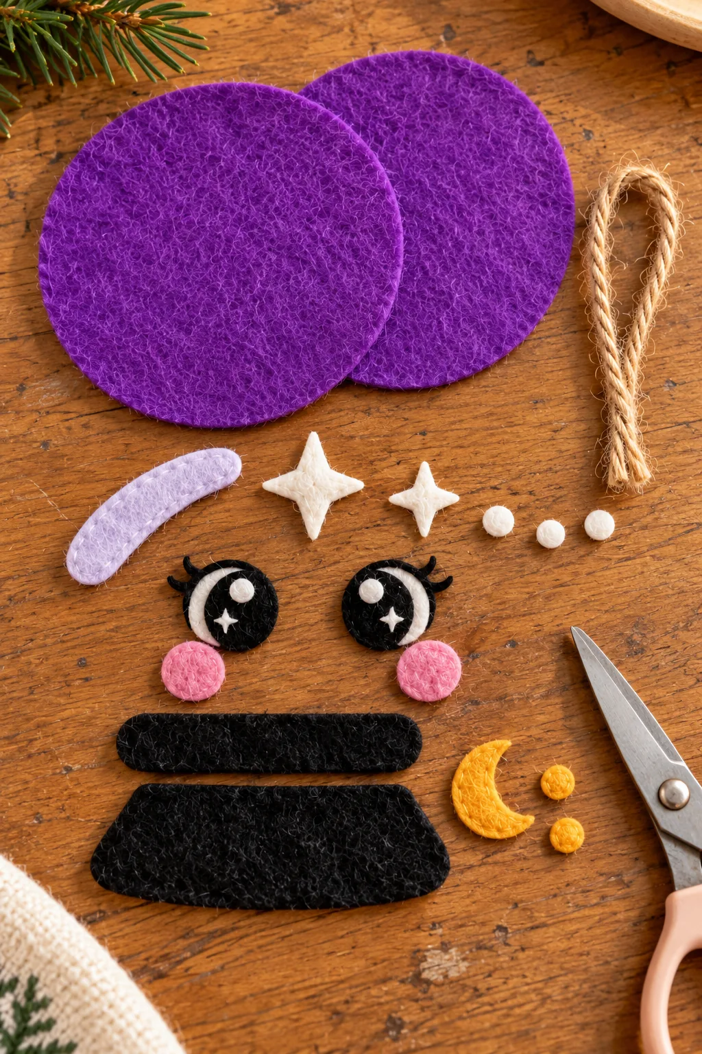 Cut felt pieces for a purple crystal ball ornament arranged on a craft table