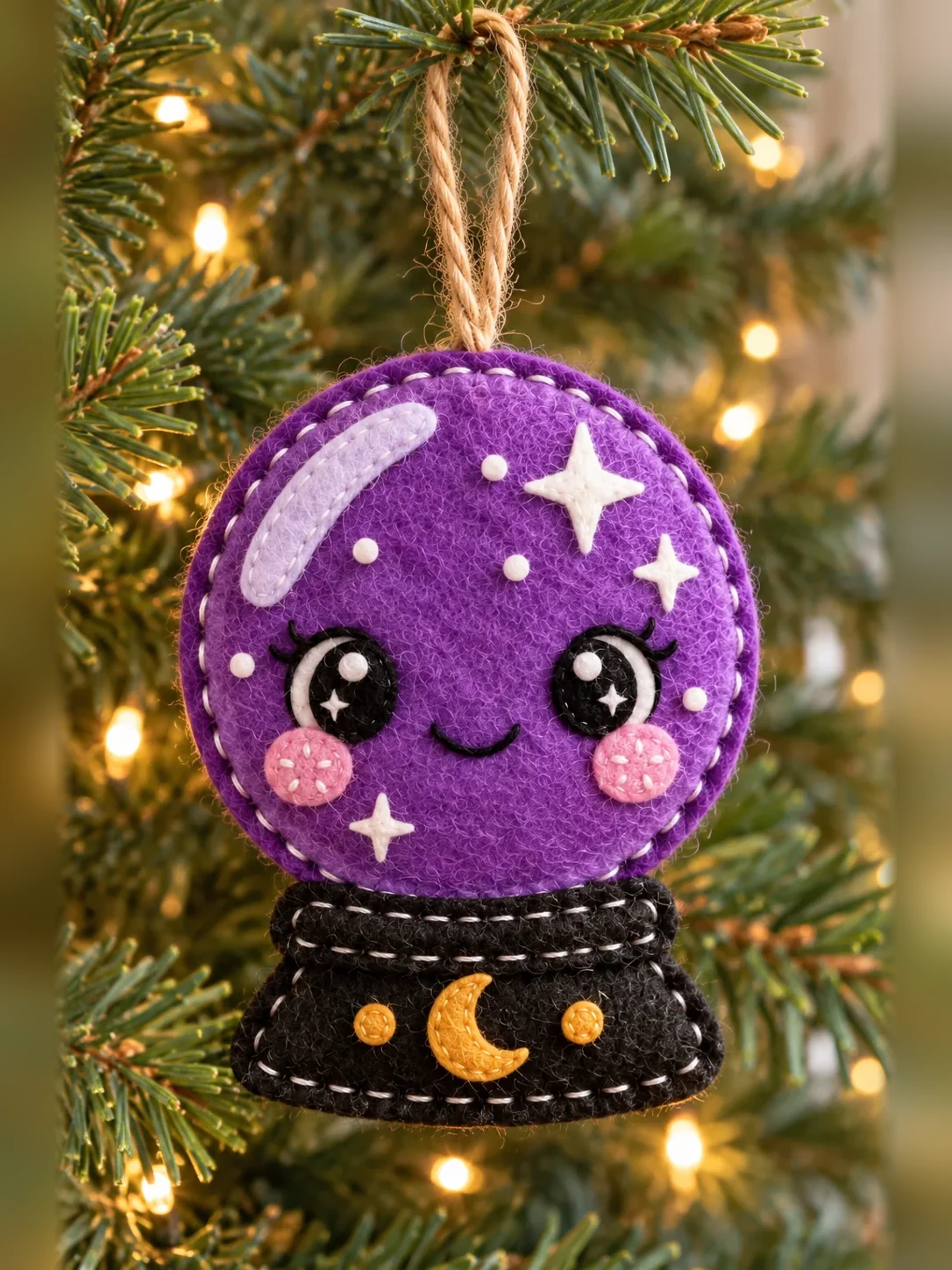 Purple felt crystal ball ornament with smiling face and black base