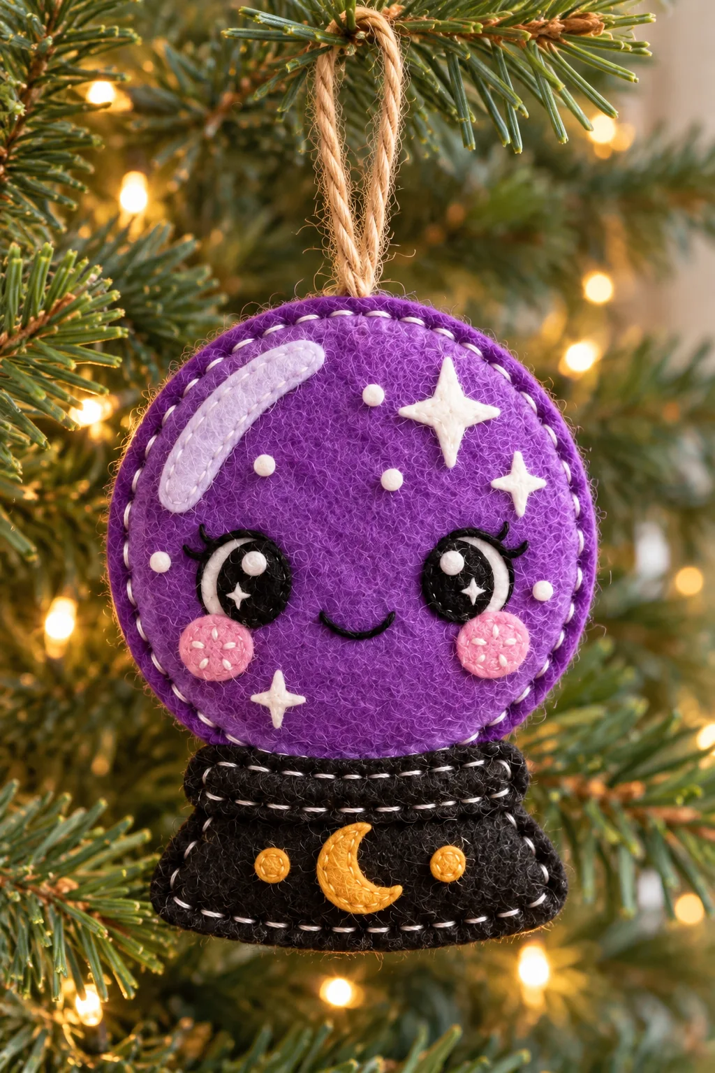 Handmade purple felt crystal ball ornament with smiling face hanging on a Christmas tree
