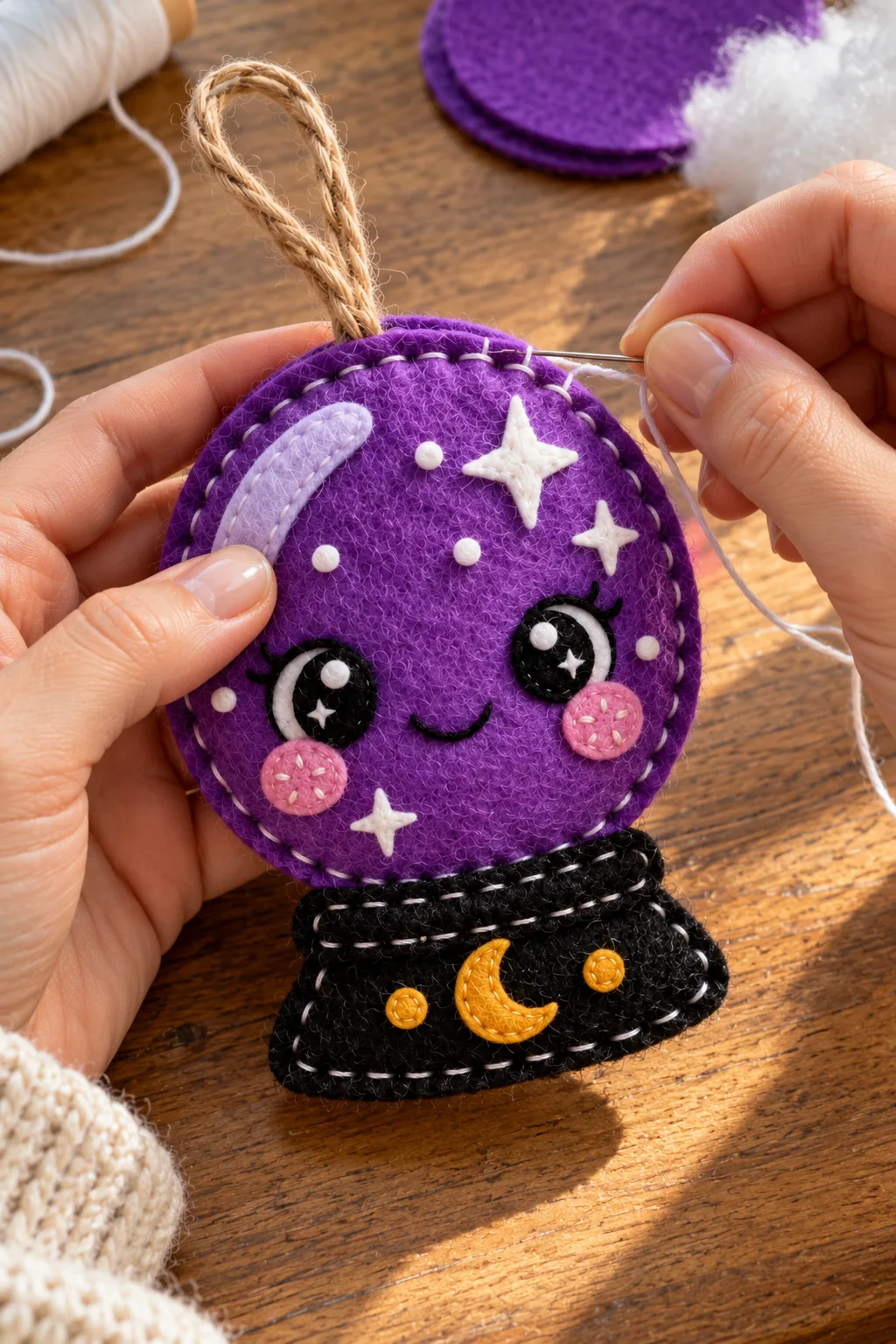 Hands closing the purple felt crystal ball ornament with white hand stitching