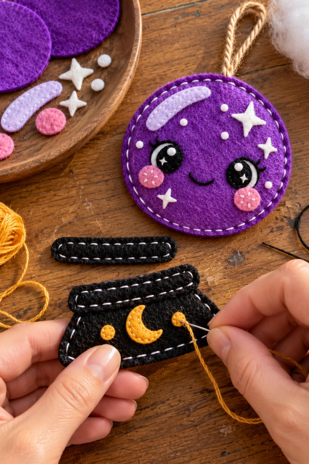 Hands stitching a gold crescent moon and dots onto the black felt base