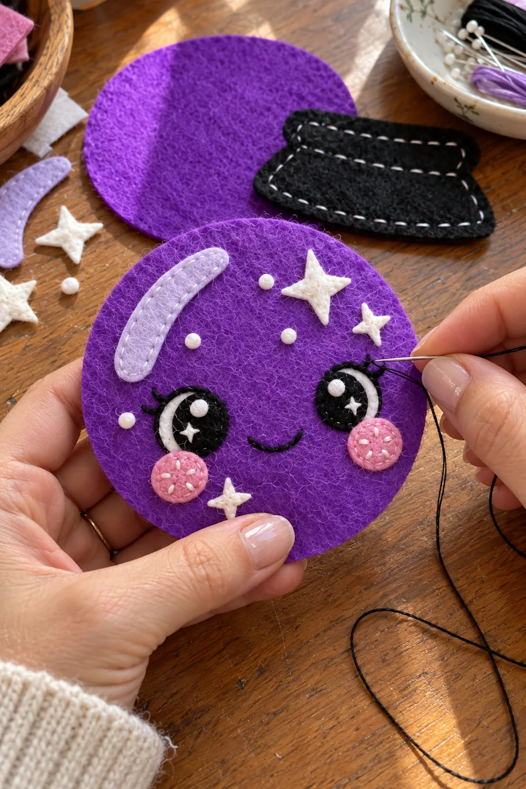Hands sewing eyes and face details onto the purple felt crystal ball front