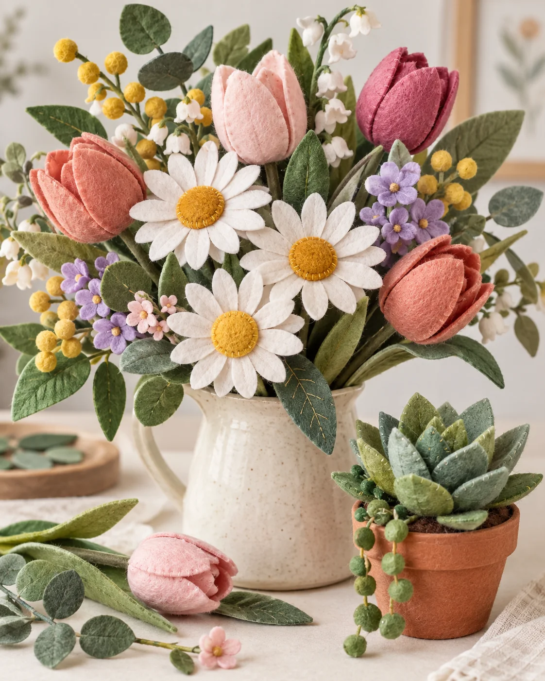 Handmade felt flowers and potted felt plant