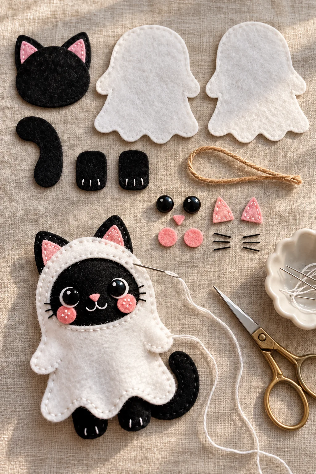 Cut felt pieces for the ghost cat ornament laid out before sewing
